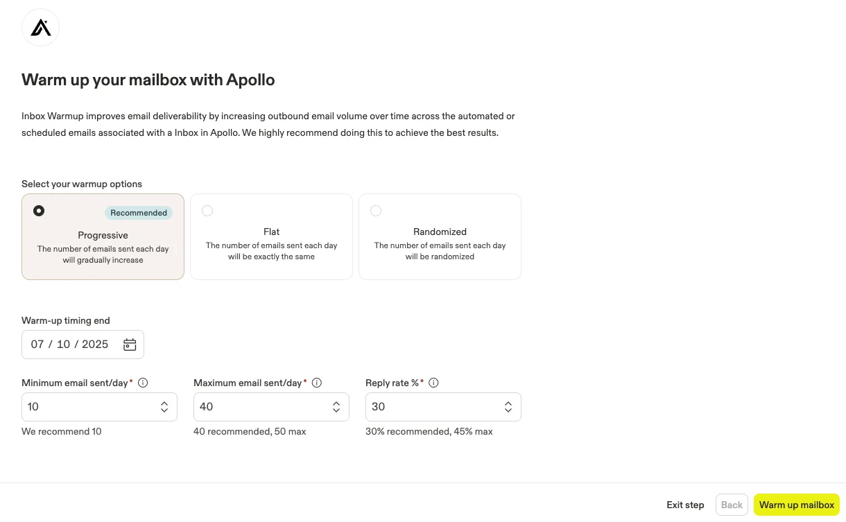 Apollo warm-up settings showing progressive email volume and timing options.