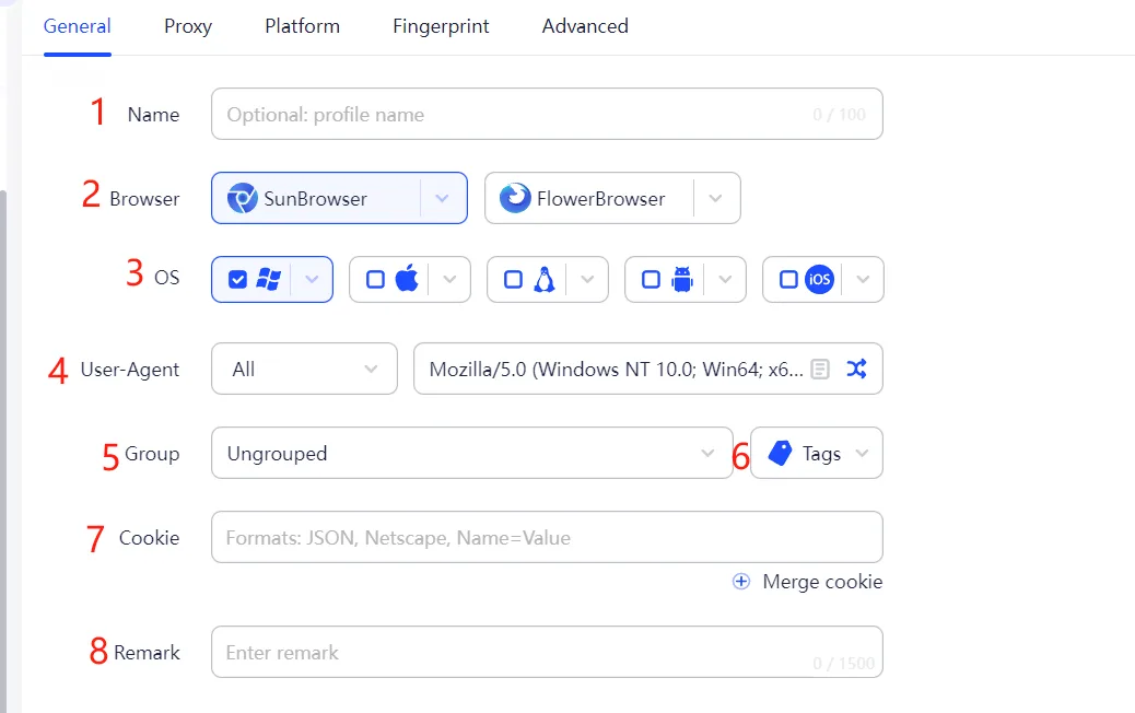 The General tab of the New Browser Profile form in AdsPower, with name, browser, OS, User-Agent, group and tags fields