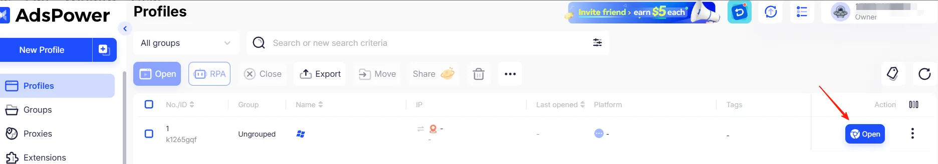 The Profiles page in AdsPower showing the new profile with the Open button in the Actions column