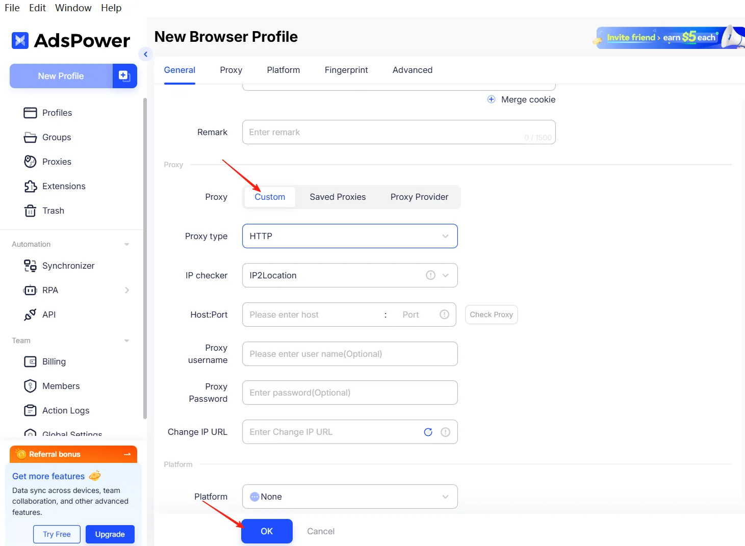 The Proxy tab in AdsPower: choose Custom, fill in the host and port from your proxy provider and run Check proxy