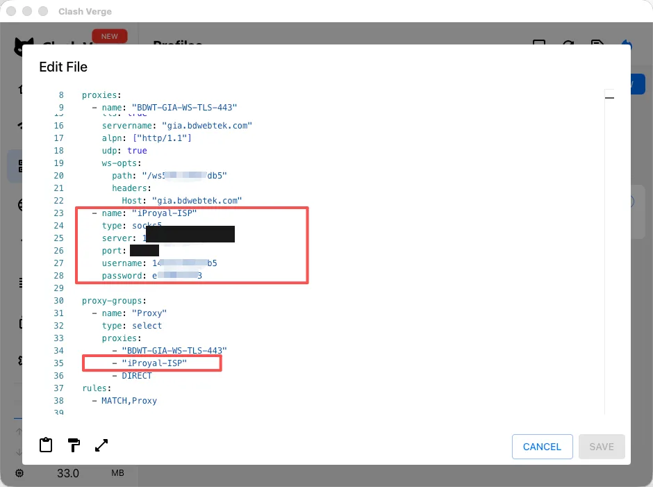 Adding the ISP residential socks5 node to the proxies list in the YAML profile and to the proxy group