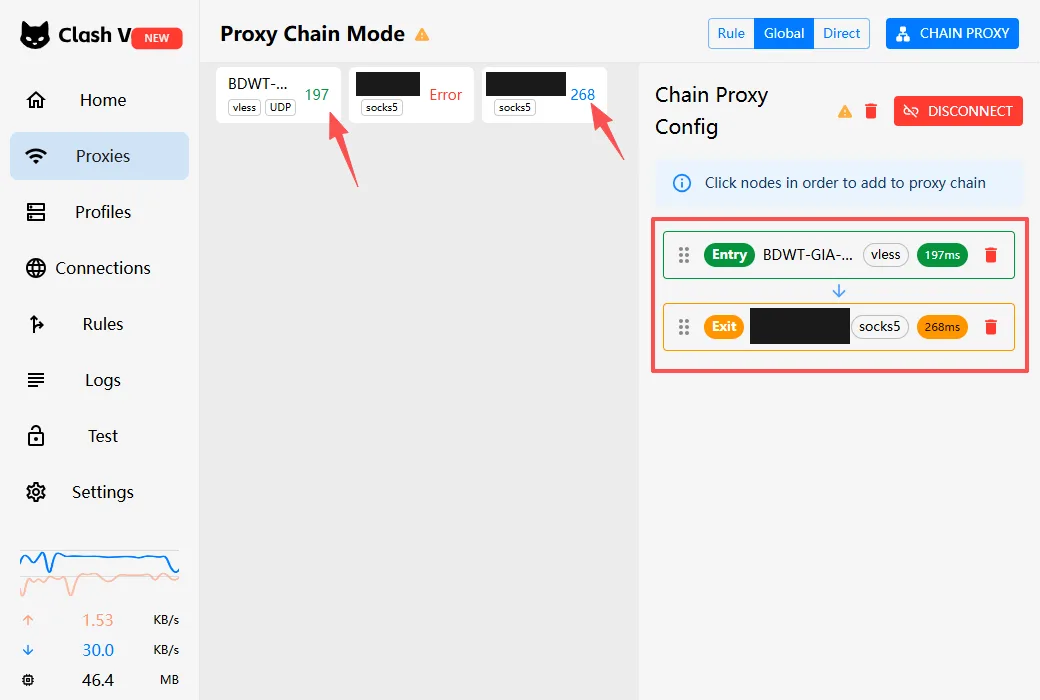 Clash Verge Rev Proxies screen in Chain Proxy mode with the entry VLESS node and the exit Socks5 node selected