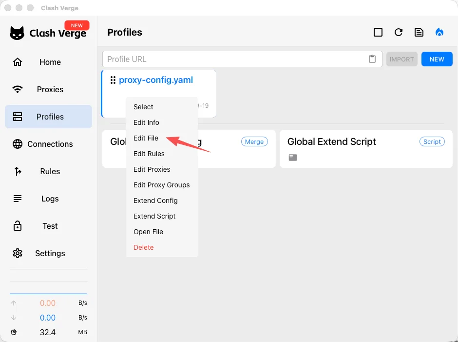 Right click menu on a Clash Verge Rev profile with Edit File selected