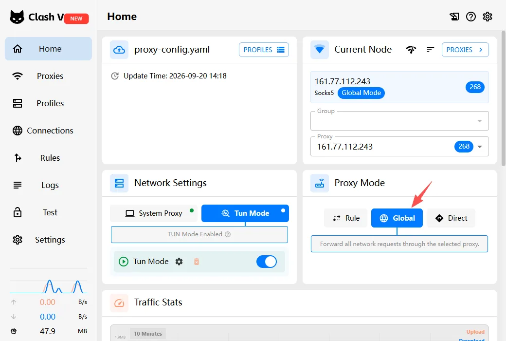 Clash Verge Rev home screen with Proxy Mode switched from Rule to Global