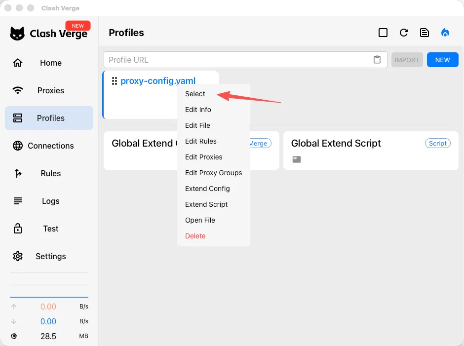 Right click menu on the Clash Verge Rev profile with Select highlighted