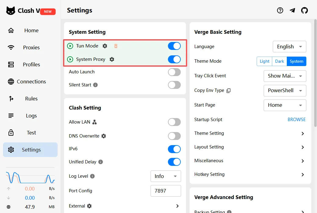 Clash Verge Rev Settings screen with System Proxy and Tun Mode both switched on