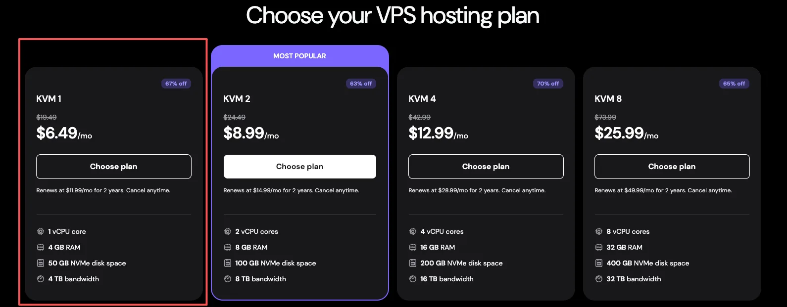 Hostinger VPS hosting plans with KVM 1 highlighted