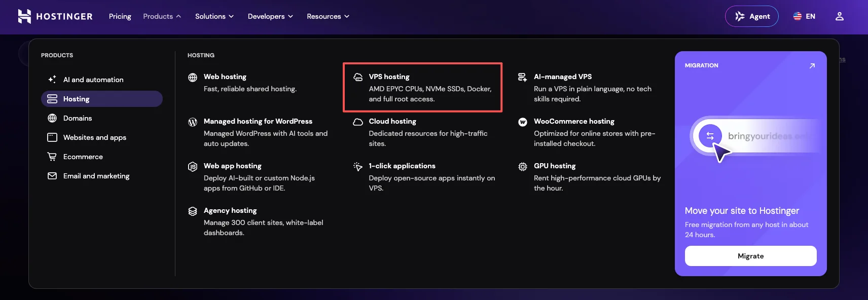 Hostinger Products menu with VPS hosting highlighted