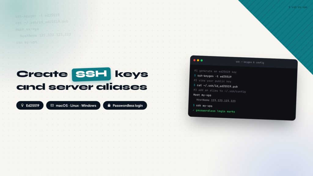 SSH key and server alias tutorial cover: generate an ed25519 key, view the public key, and configure an ssh alias