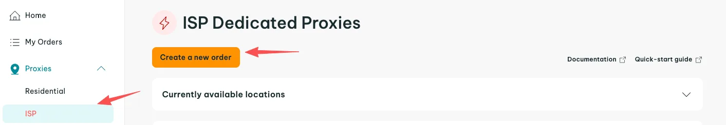 The Create a New Order button on the IPRoyal ISP page