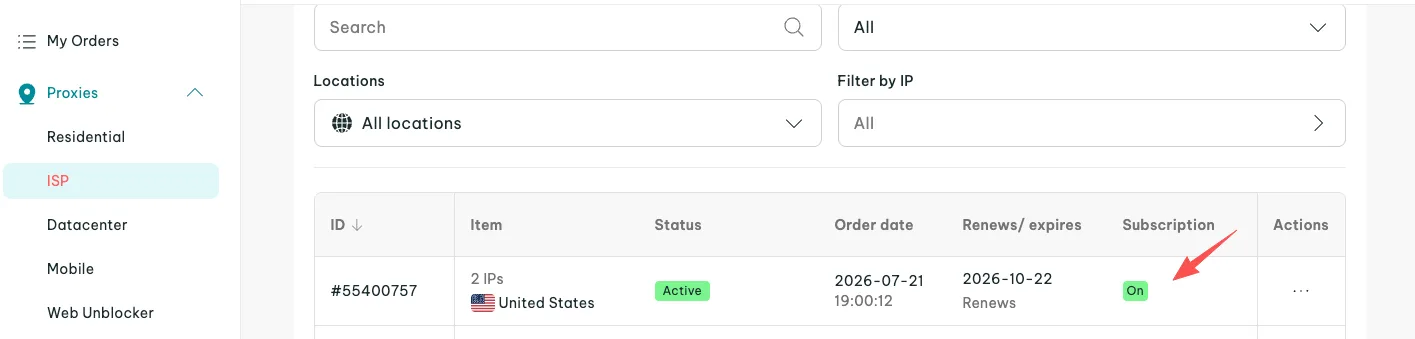 The IPRoyal ISP order list showing status, expiry date and subscription state