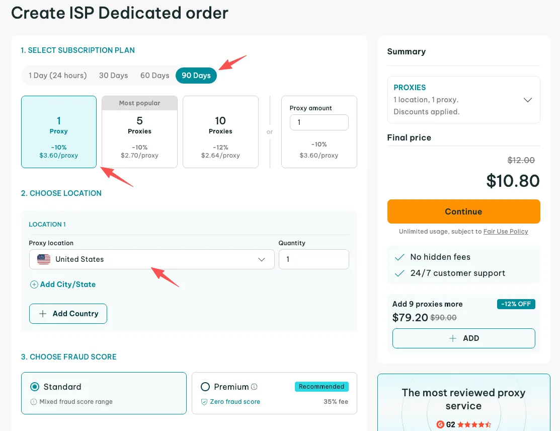 Choosing proxy quantity, duration and location in IPRoyal, here 1 proxy, 90 days, United States