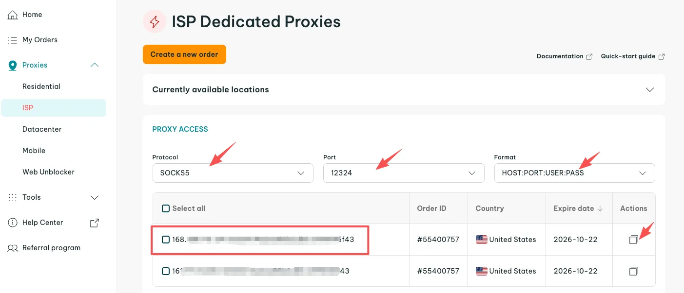The IPRoyal proxy details panel with Socks5 selected and the credentials ready to copy