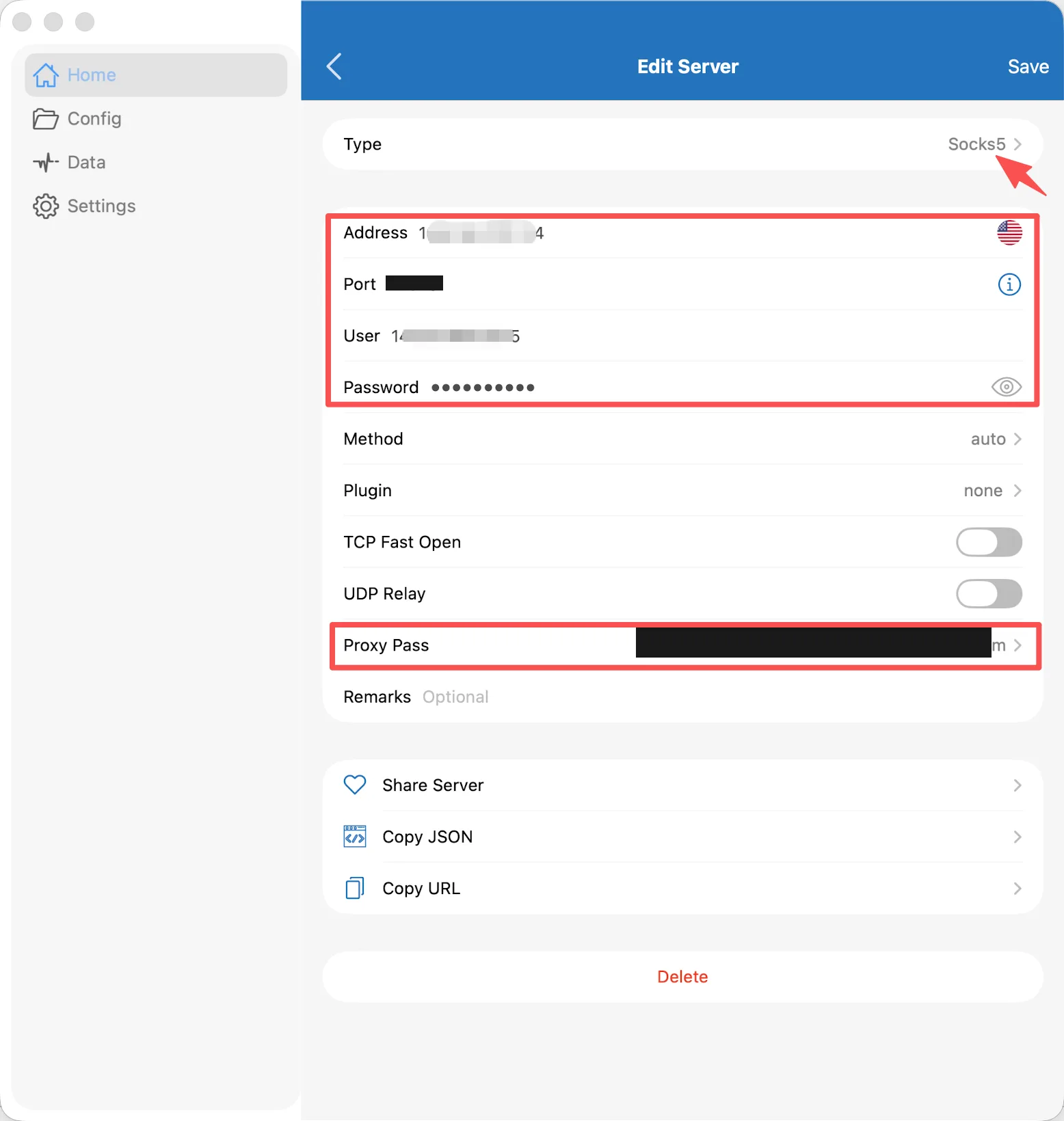 Shadowrocket Edit Server screen: type set to SOCKS5 with the ISP proxy Address, Port, User and Password, and Proxy Pass pointing at the imported node