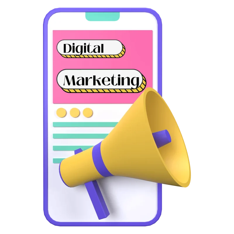 Cartoon image with a huge mobile displaying 'digital marketing' and elements, with a volume amplifier